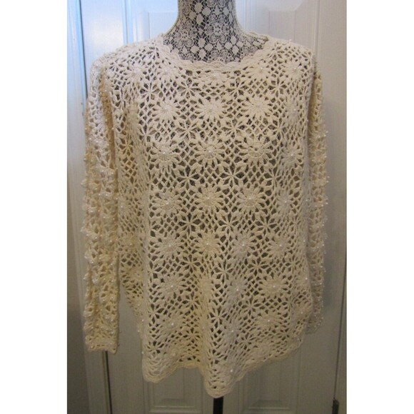 Vintage Knitting Needles Crochet Sweater Faux Pearls Knitted By Hand Size M - Picture 1 of 6